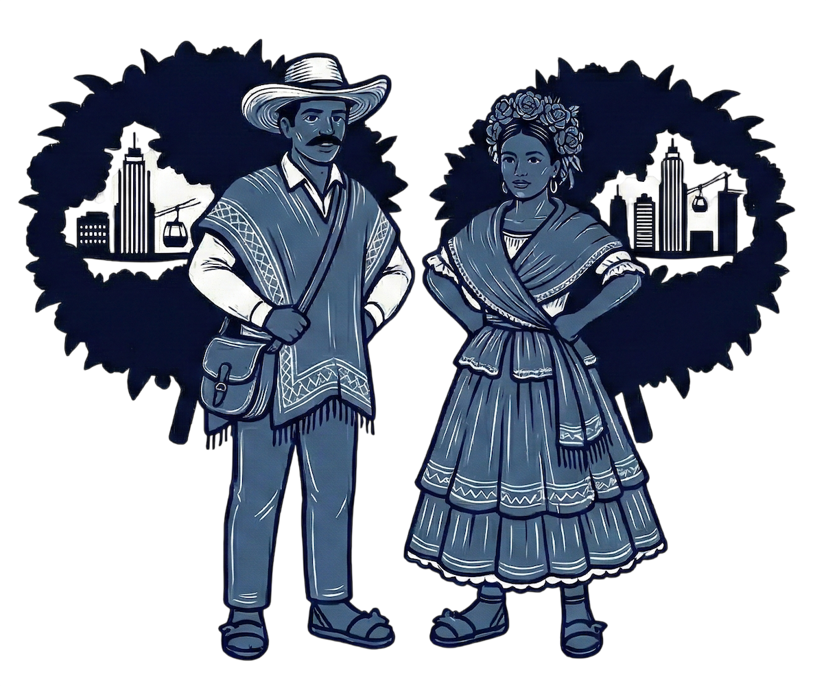 Personajes paisas con el skyline de Medellín